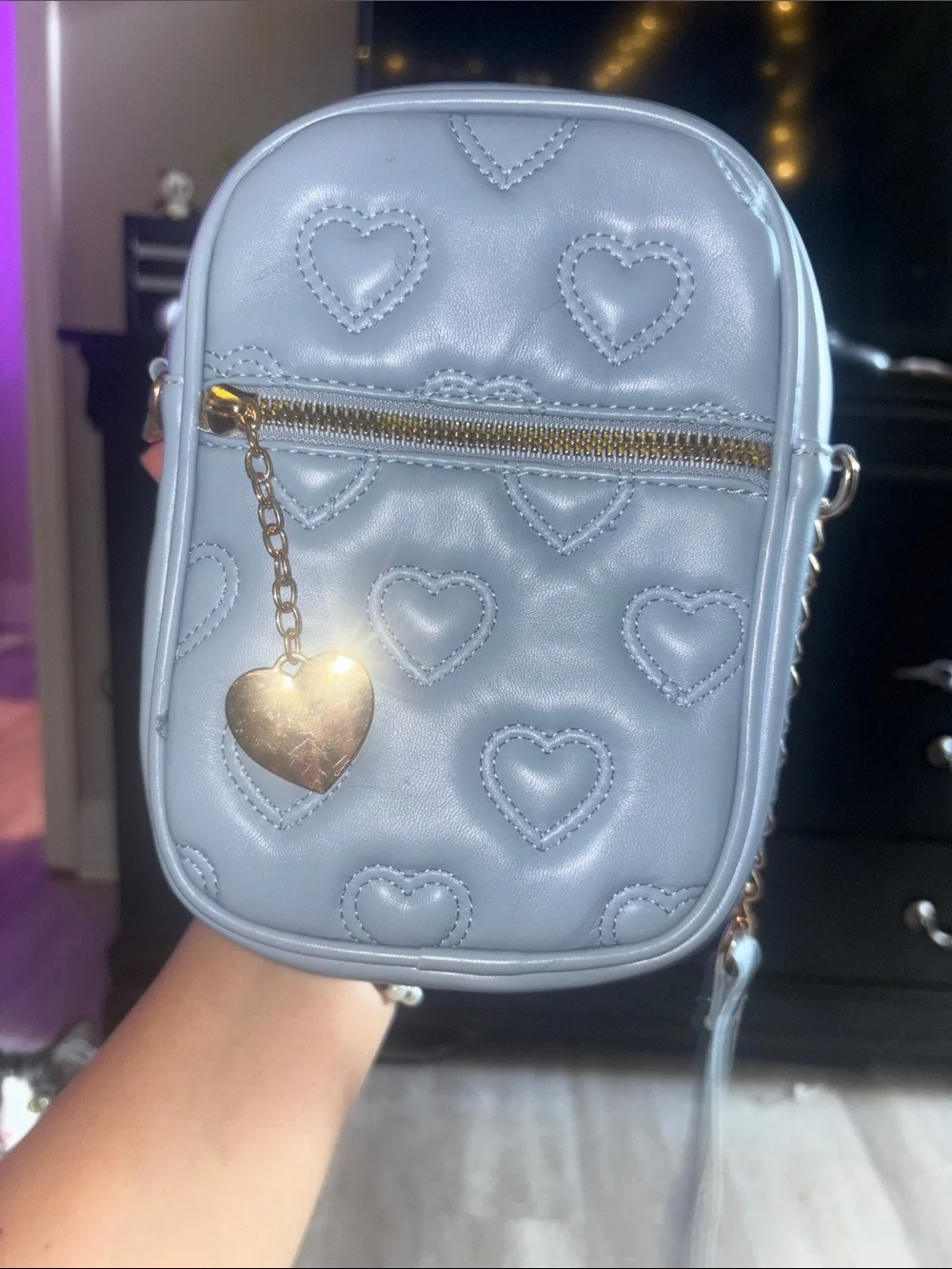 Heart-Quilted Light Blue Crossbody Bag with Gold Accent